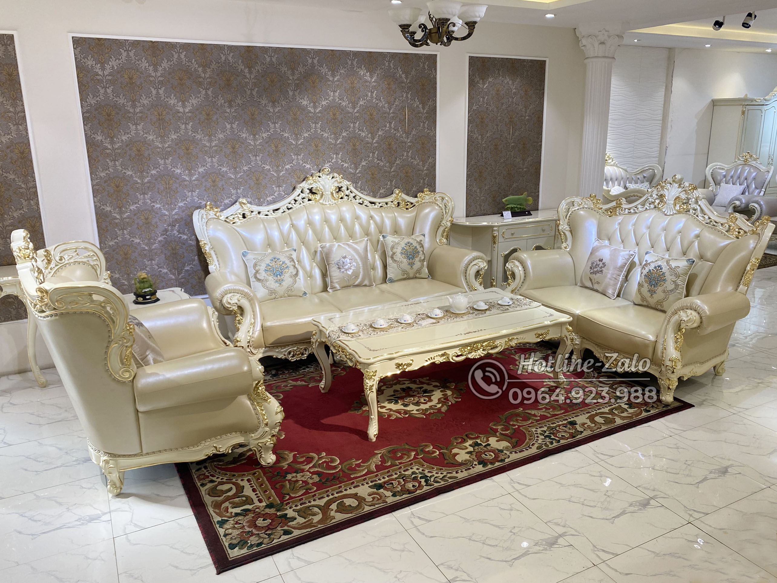 BỘ GHẾ SOFA TÂN CỔ ĐIỂN HOÀNG GIA DÁT VÀNG BỌC DA BÒ CAO CẤP 921B-DV