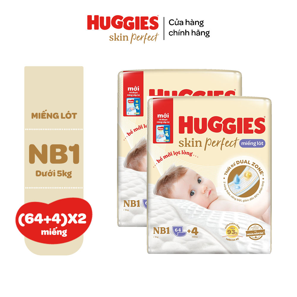 Combo 2 gói Miếng lót sơ sinh Huggies Skin Perfect 2 vùng thấm giảm kích ứng da NB1 64+4/NB1 108+ miếng