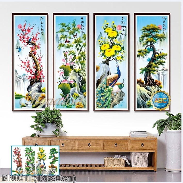Tranh thêu kín Tứ Quý Xuân Hạ Thu Đông MN0011 kích thước 136 x 90 cm