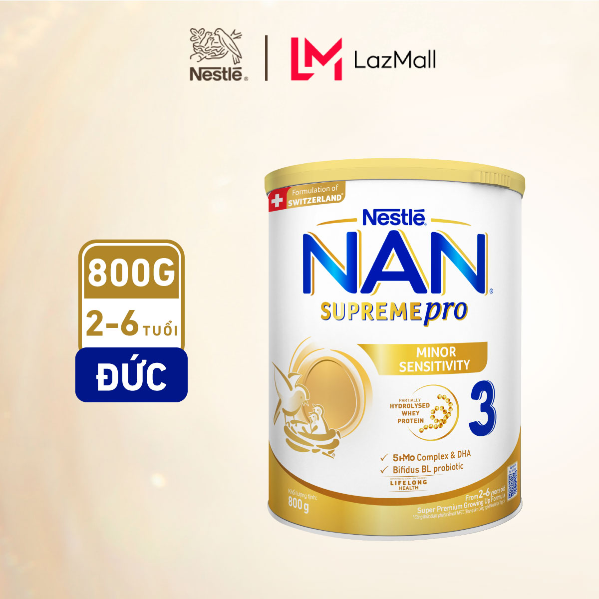 Sữa bột Nestle NAN SUPREMEPRO 3 800g với đạm Whey thủy phân 1 phần 5HMO hỗ trợ triệu chứng mẫn cảm