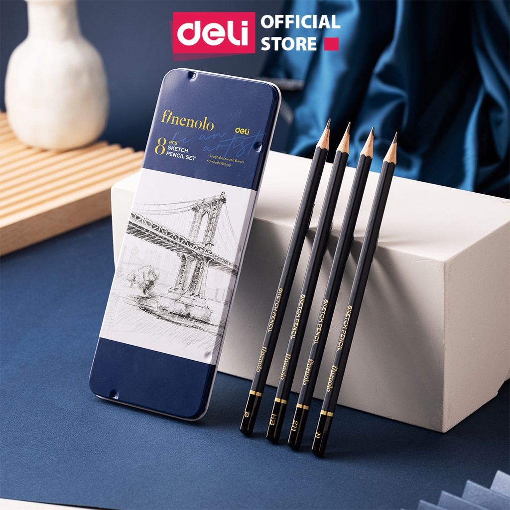 Set 8 Bút Chì Phác Thảo Chuyên Nghiệp Deli - Độ Cứng HB - 14B - Vẽ Tranh Mỹ Thuật Họa Chân Dung - EC26