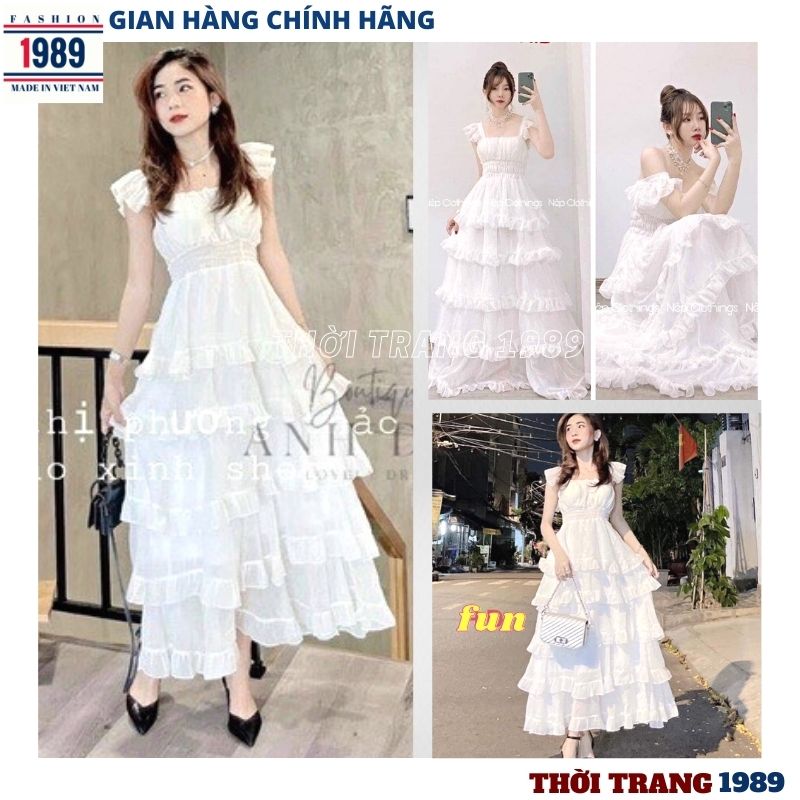 Đầm Trắng Công Chúa nhiều tầng hở vai 2 dây dáng xòe Váy Maxi thiết kế trễ vai sang trọng Vintage Ti