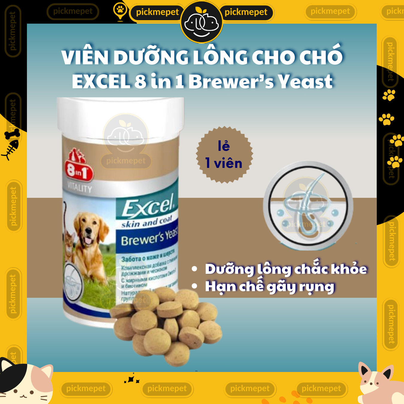 (Lẻ 1 Viên) Viên EXCEL 8 in 1 Brewers Yeast DƯỠNG LÔNG Cho Chó Mèo - Nhập Nga