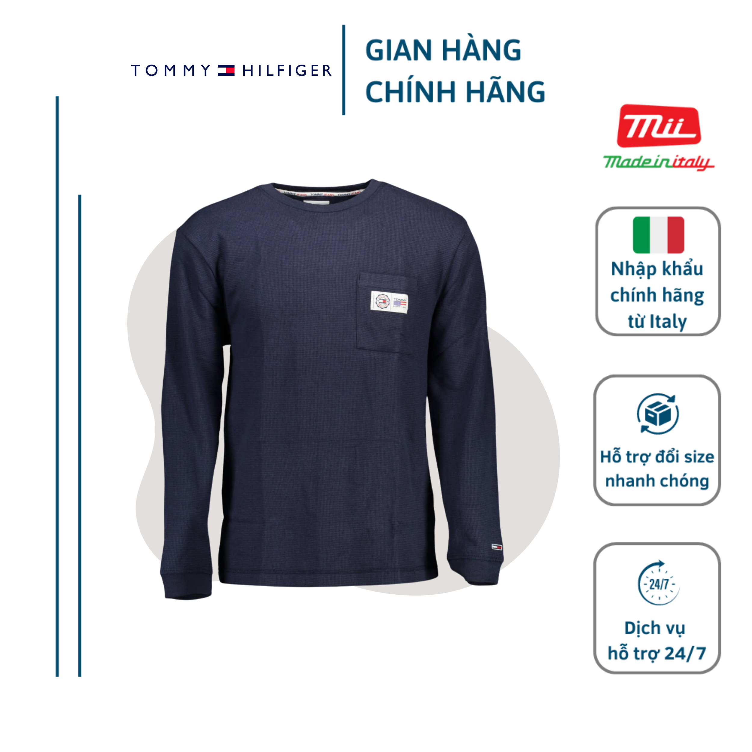 ÁO NỈ NAM CỔ TRÒN THÊU LOGO Ở NGỰC - TOMMY HILFIGER - NHẬP KHẨU CHÍNH HÃNG TỪ Ý  - DM0DM15777