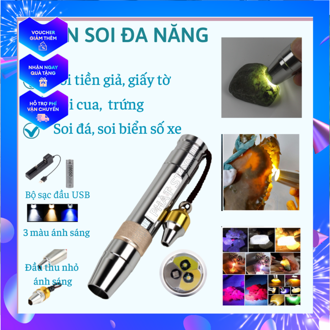 Đèn soi rọi tiền đá quý  cua gạch với ánh sáng mạnh 3 màu tiện dụng kèm theo bộ sạc