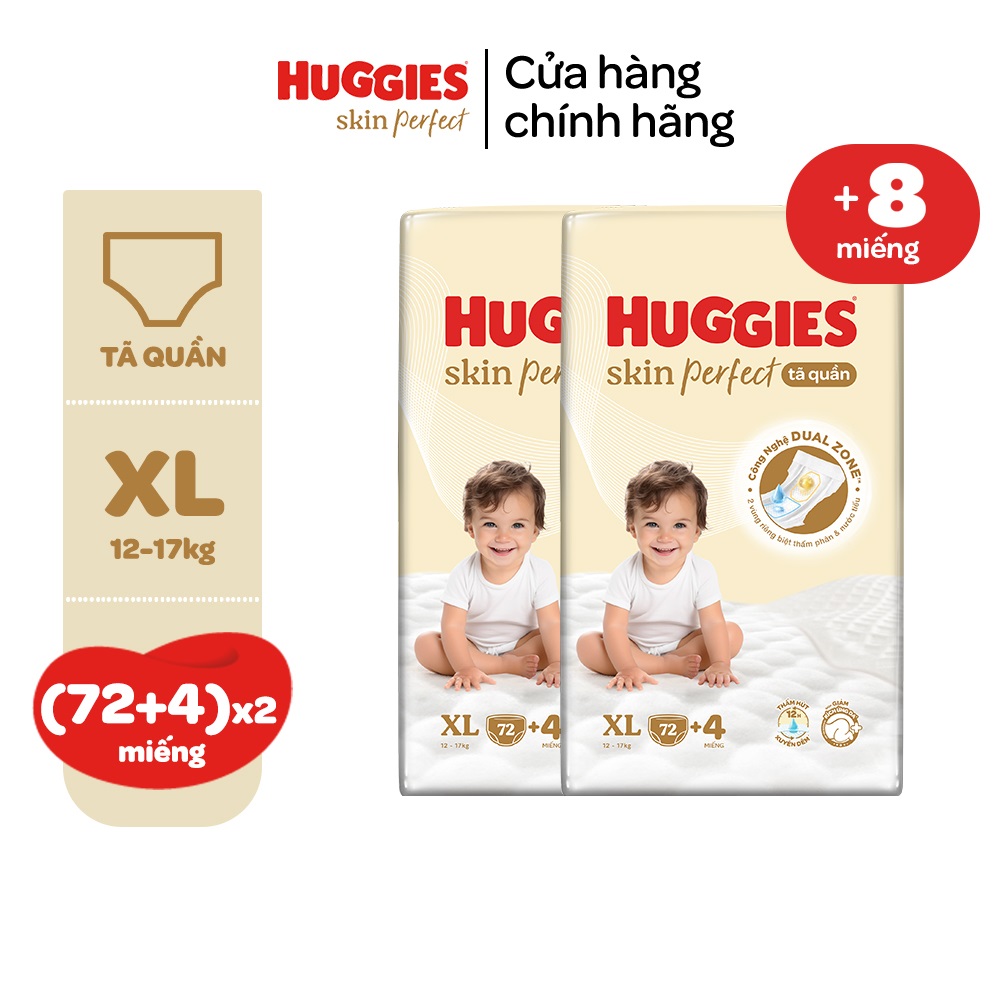 Combo 2 gói Tã quần Huggies Skin Perfect Mega Jumbo M98/L88/XL72+4/XXL64+4 miếng với 2 vùng thấm giảm kích ứng da
