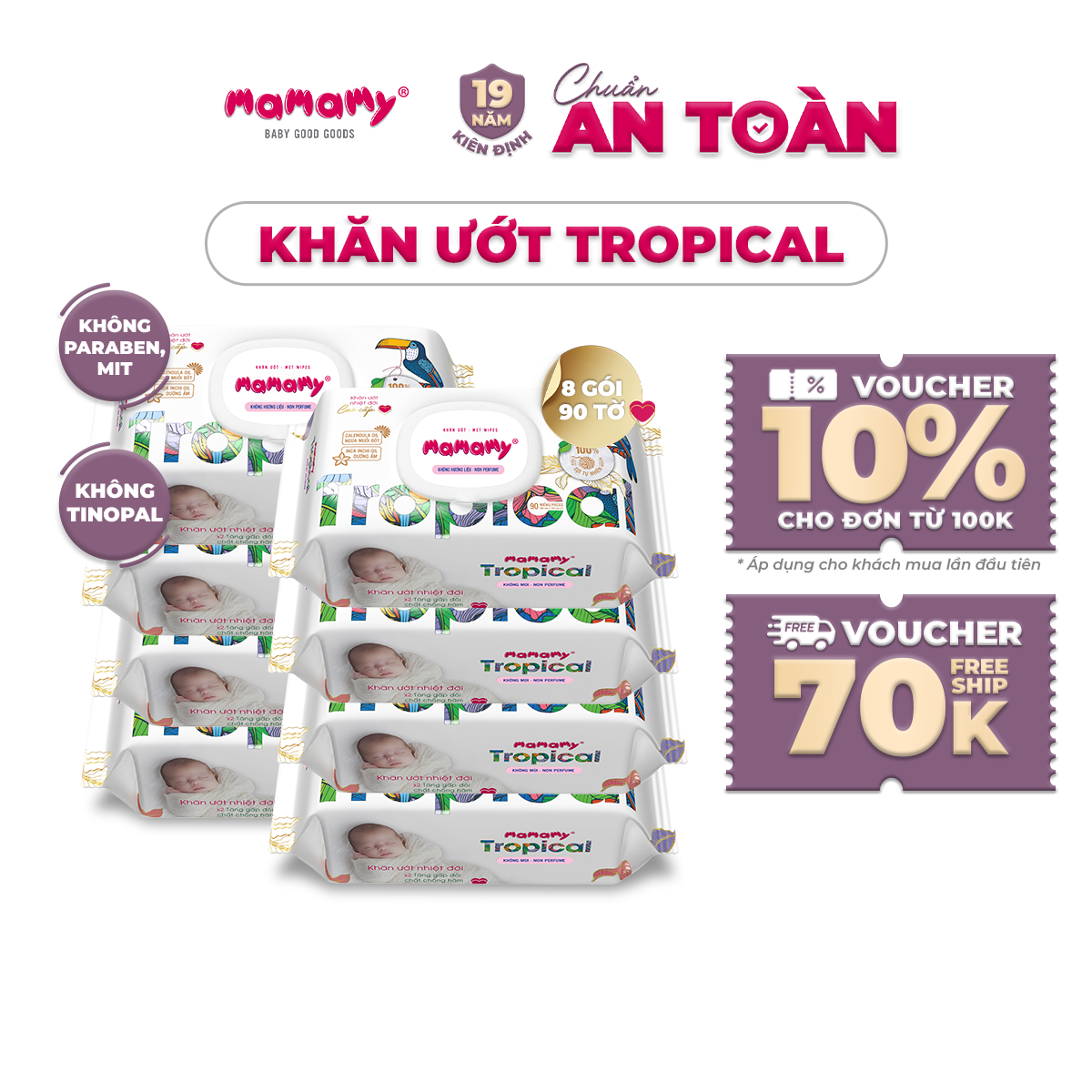 COMBO 8 bịch khăn ướt Mamamy Tropical 90 tờ an toàn cho bé từ sơ sinh