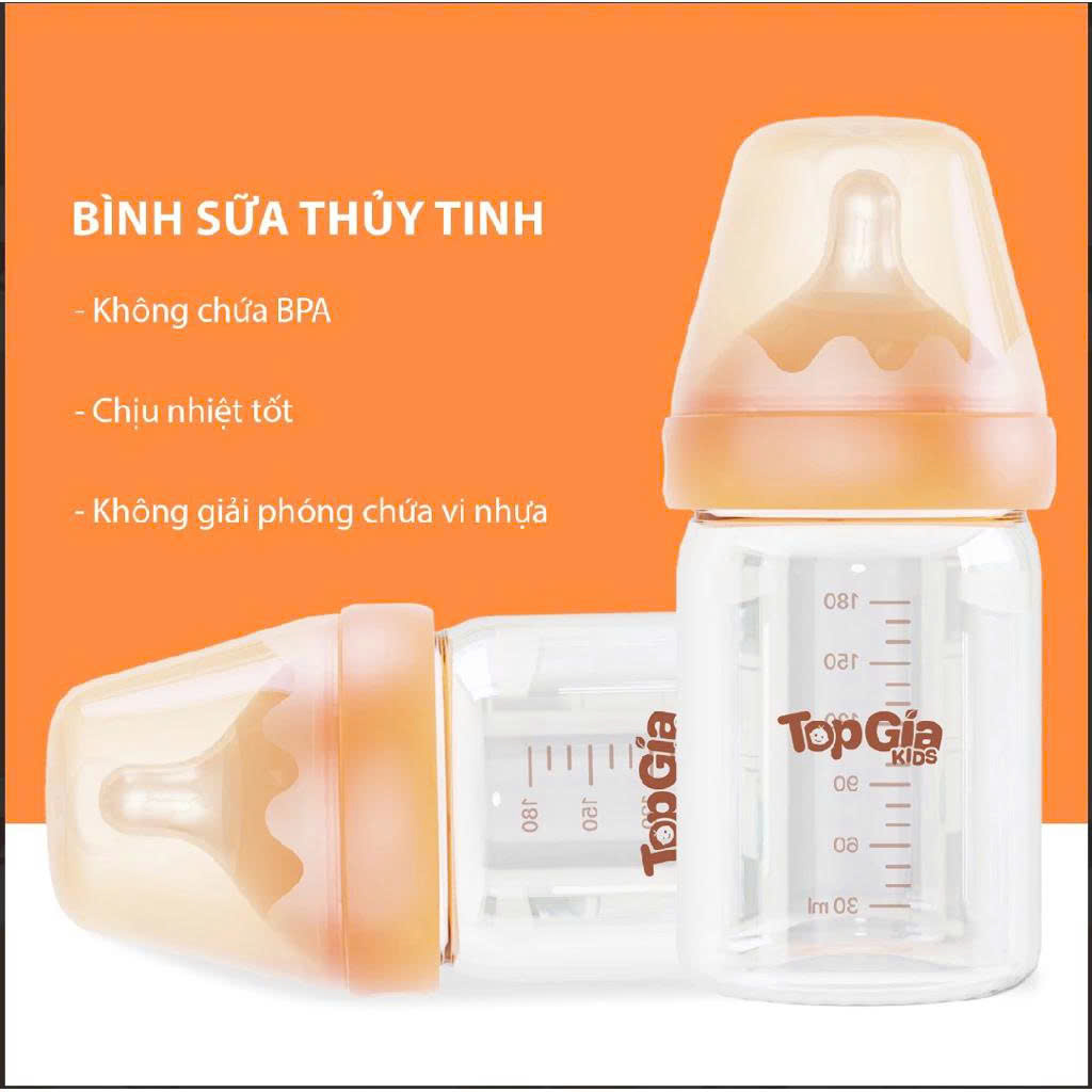 Bình sữa thuỷ tinh cao cấp Topgia 180ml và núm ti silicon siêu mềm chống sặc giảm đầy hơi sẵn hàng giao hỏa tốc