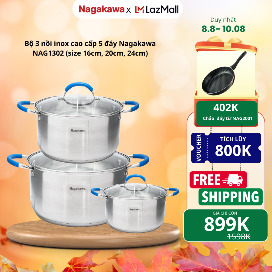 Bộ nồi inox Nagakawa NAG1302 5 đáy bắt từ inox 304 3 kích thước 16cm 20cm 24cm vung kính cường lực quai cầm bọc silicon dùng trên mọi loại bếp