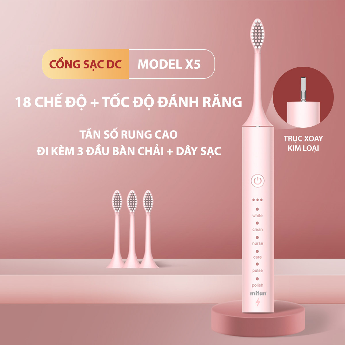 Bàn Chải Điện Sonic X5 - Bàn chải đánh răng máy sóng âm công nghệ Đức, màu Trắng, Đen, Hồng