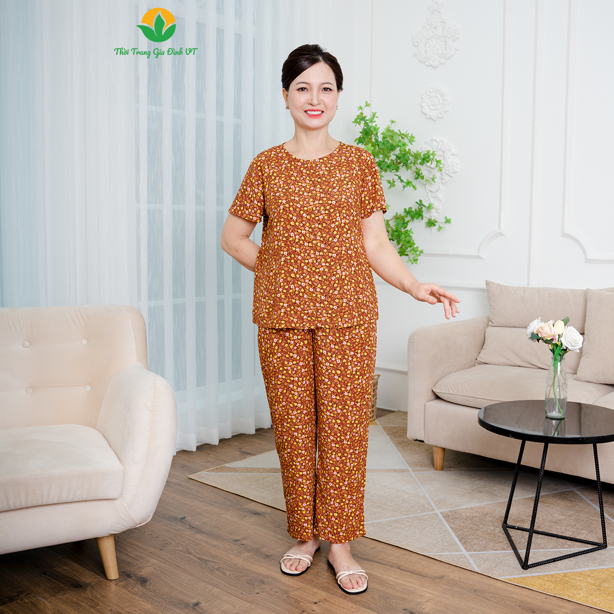 Bộ mặc nhà trung niên chất lanh bộ đồ tole thời trang Việt Thắng quần dài áo cộc tay trần chỉ nẹp - B08.2408