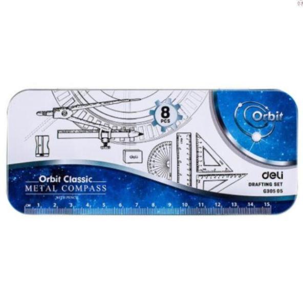 Bộ Compa Eke Thước kẻ Deli hộp sắt - Bộ thước 8 món - Mã G30505