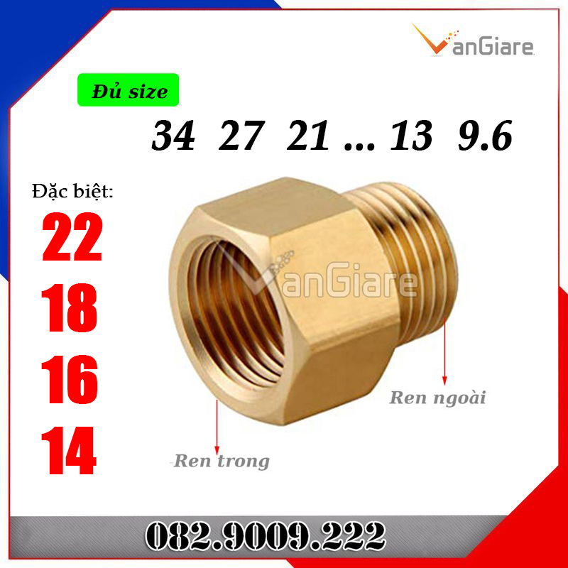 Nối ren trong ren ngoài - Đầu nối ống SM thau - Lơ thu đồng - Phụ kiện giảm ren 34 27 22 21 18 17 16