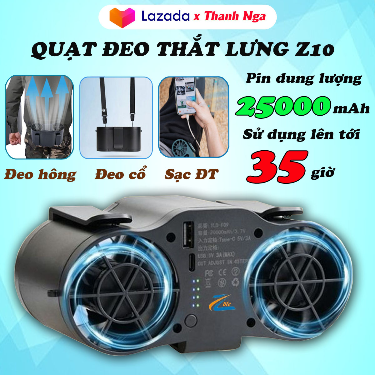 (MẪU MỚI 2025) Quạt đeo cổ mini đeo hông pin siêu trâu Quạt áo điều hòa cao cấp kiêm sạc dự phòng qu
