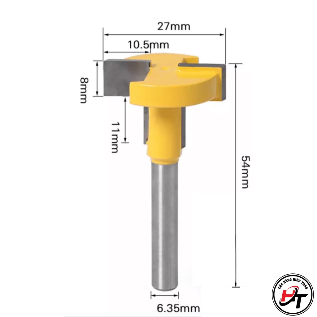 Mũi phay rãnh gỗ chữ T mũi soi thanh nhôm giá cài siêu thị cốt 6.35mm và 12.7mm Vàng MSCT-V-TQ