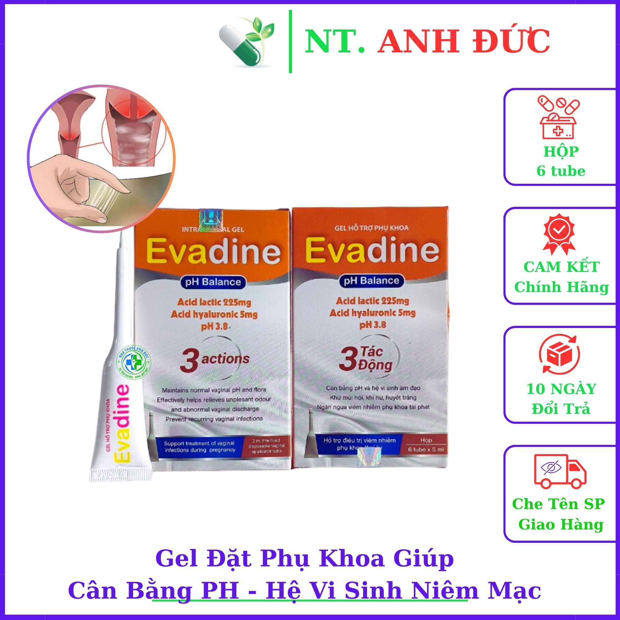 Gel đặt Evadine pH Balance giúp cân bằng pH và hệ vi sinh làm sạch viêm nấm ngứa khí hư hiệu quả vùn