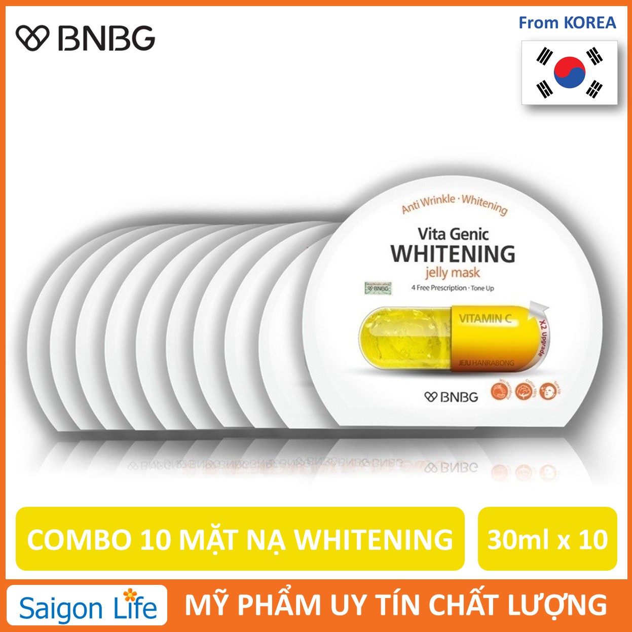 Combo 10 Mặt Nạ Giấy Bnbg Whitening Dưỡng Trắng Và Làm Đều Màu Da Bnbg Vita Genic Whitening Jelly Mask 30Ml X10 (Vàng)