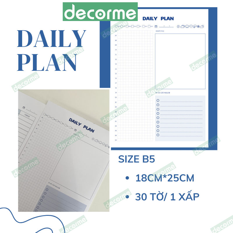 Giấy note B5 học từ vựng DecorMe giấy note ghi chú planner basic blue 30 tờ phong cách Hàn Quốc tiện