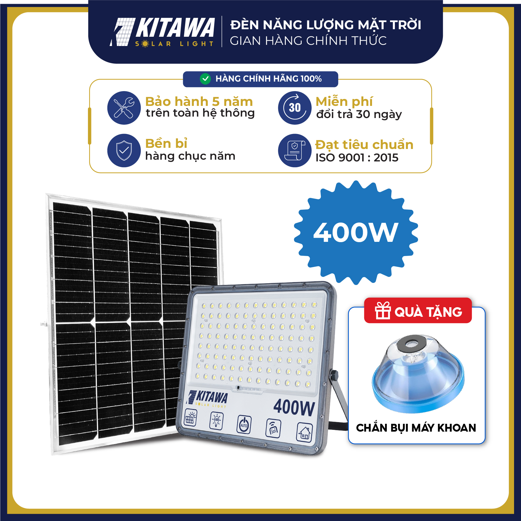 [VOUCHER 10%] Đèn Pha Năng Lượng Mặt Trời Tự Động 400W Mắt Ngọc Chống Chói Chống Nước IP67 KITAWA - DP15.400 - Sản Phẩm Chính Hãng