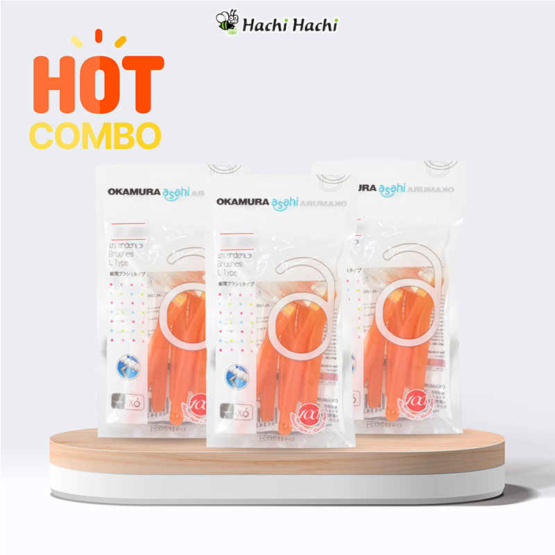Bàn chải kẽ răng Okamura Asahi hình L 6 cái màu cam (SS) 0.8mm - Hachi Hachi Japan Shop