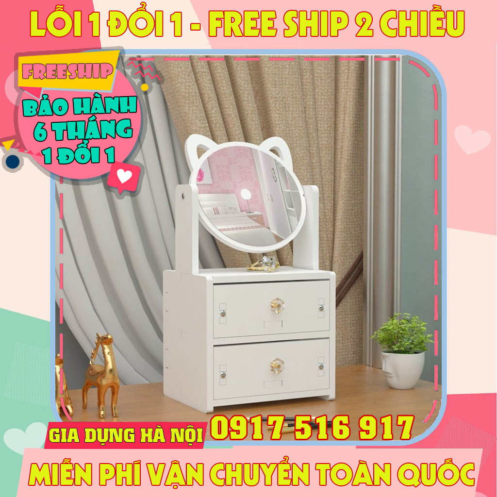 Kệ đựng mỹ phẩm 2 tầng có gương – Tủ đựng đồ trang điểm mini có ngăn kéo tiện dụng