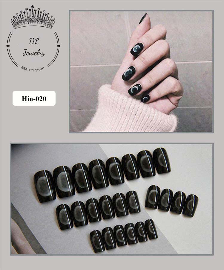 Móng tay giả màu đen bóng in hình 3D siêu đẹp gồm 24 móng mã 020 [Tặng  Dũa mini+Keo dán]