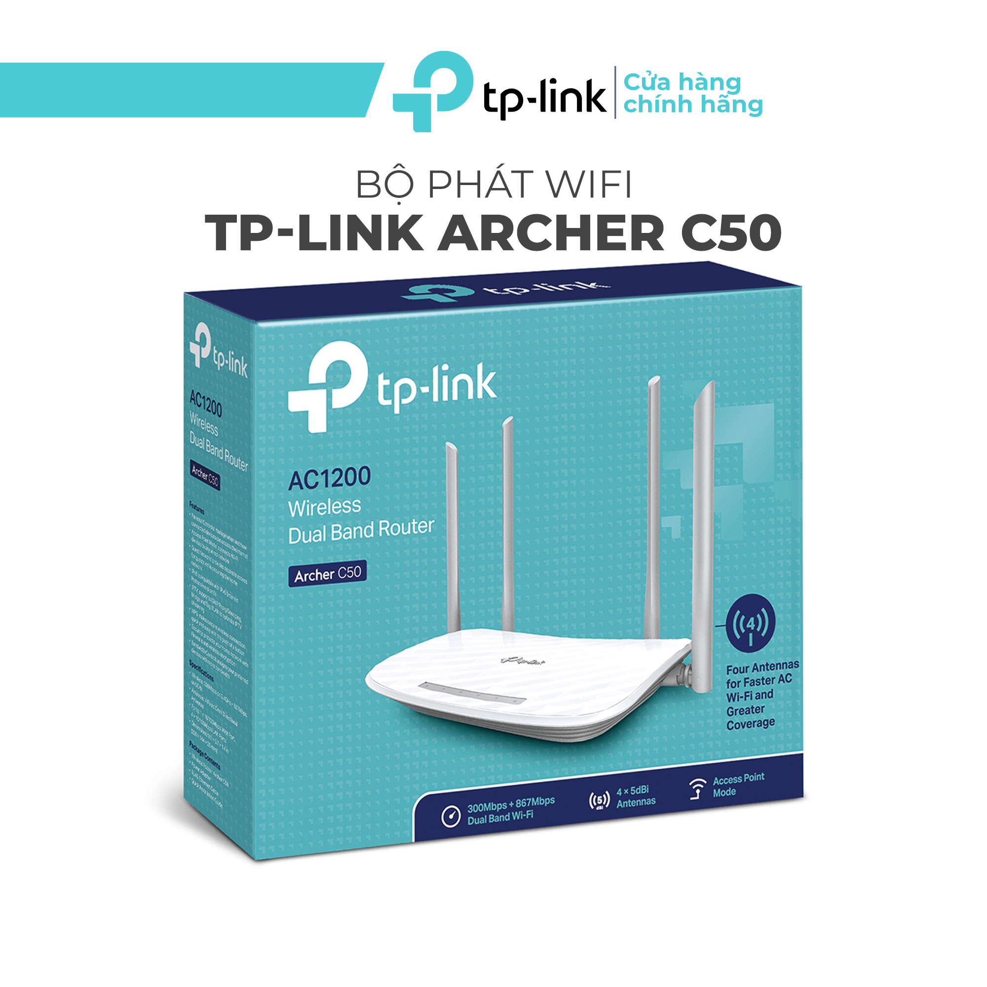 Bộ phát wifi TP-Link Archer C50 - Router wifi Băng Tần Kép AC1200 mbps 4 ăng ten phủ sóng siêu rộng công nghệ MU-MIMO giảm lag giao diện tiếng việt dễ dàng cài đặt