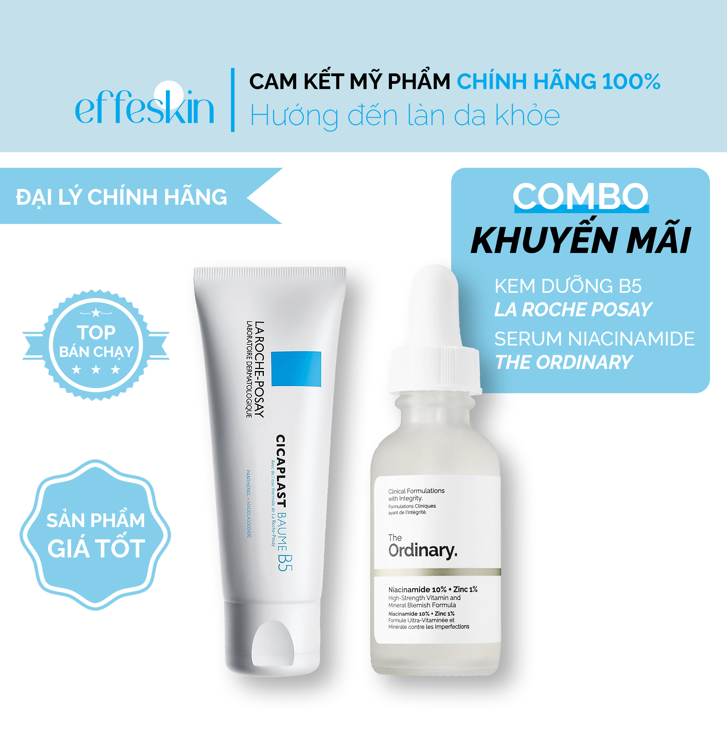 Combo Kem Dưỡng B5 La Roche Posay Cicaplast Baume B5 40Ml Và Serum The Ordinary Niacinamide 10%+Zinc Effeskin