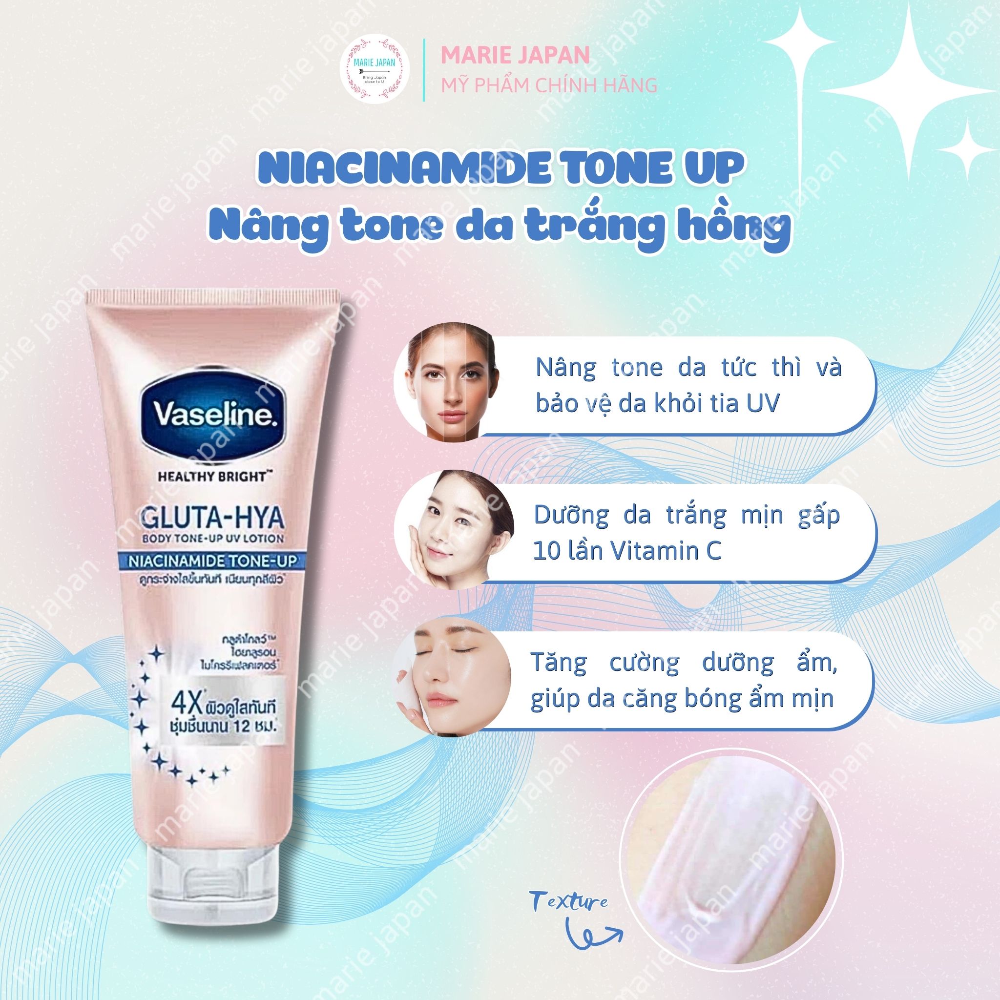 Sữa Dưỡng Thể Vaseline 10X Gluta-HYA Dưỡng Trắng Mờ Thâm Healthy Bright Serum Burst Lotion Thái Lan