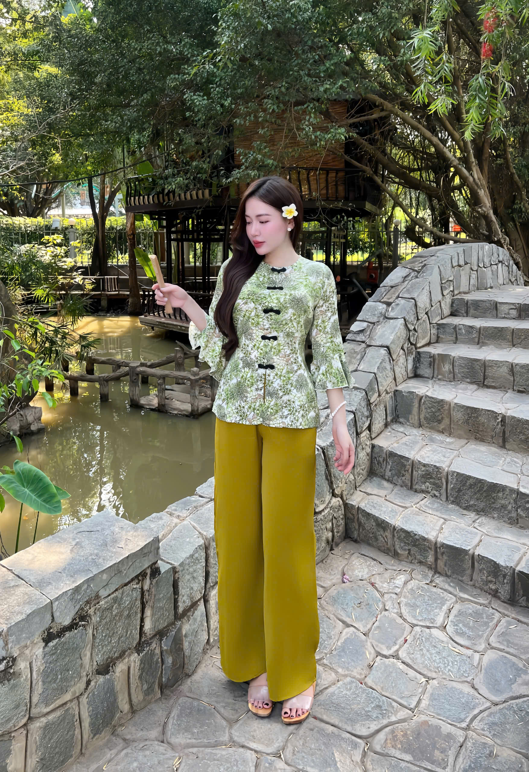 Đồ bộ áo bà ba cách tân nữ đồ lam đi chùa nữ cao cấp vải lụa gấm - cn104