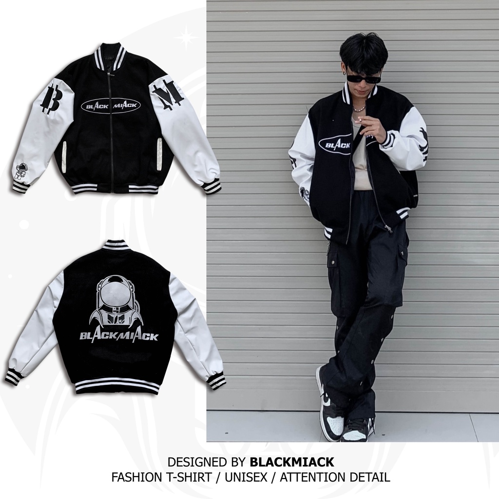 [ FREESHIP ] [Mã BLAC100K giảm 100k đơn 700] Áo Khoác Varsity Nỉ bông tay Da màu Đen BLACK MIACK Varsity Jacket BM1