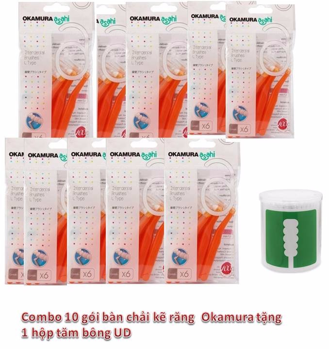 Combo 10 Gói Bàn Chải Kẽ Răng Okamura Asahi Tặng 1 Hộp Tăm Bông Ud Người Lớn