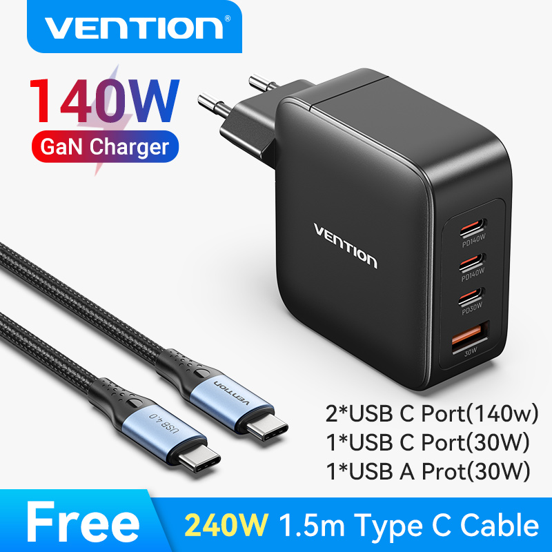 Vention Bộ Sạc Nhanh 4 Cổng 140W GaN USB-C PD3.1 Sạc Siêu Tốc Type-C Sạc Macbook Pro 16" iPhone iPad
