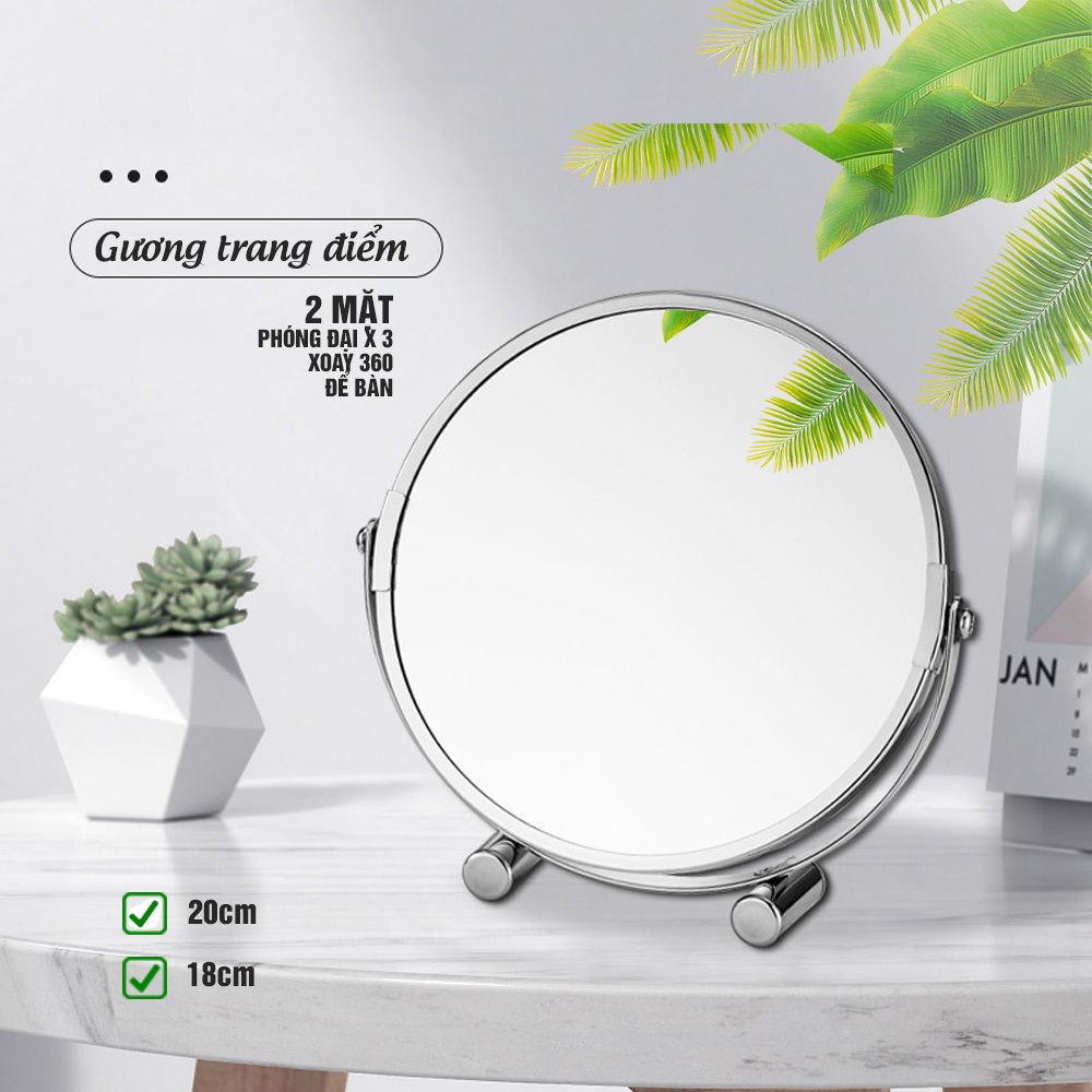 Gương Trang Điểm Phóng Đại 3 Lần Xoay 360 Độ 2 Mặt Siêu Nét Để Bàn Inox 304 Size 18Cm 20Cm Minh House G31