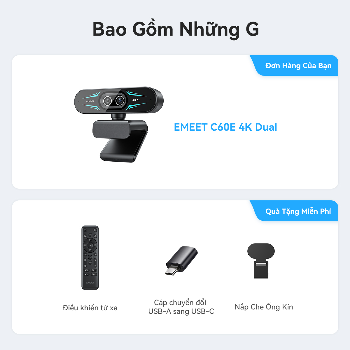 Webcam kép EMEET C60E 4K Dual với điều khiển từ xa camera kép & đèn RGB quay video 4K@30fps/1080P@60