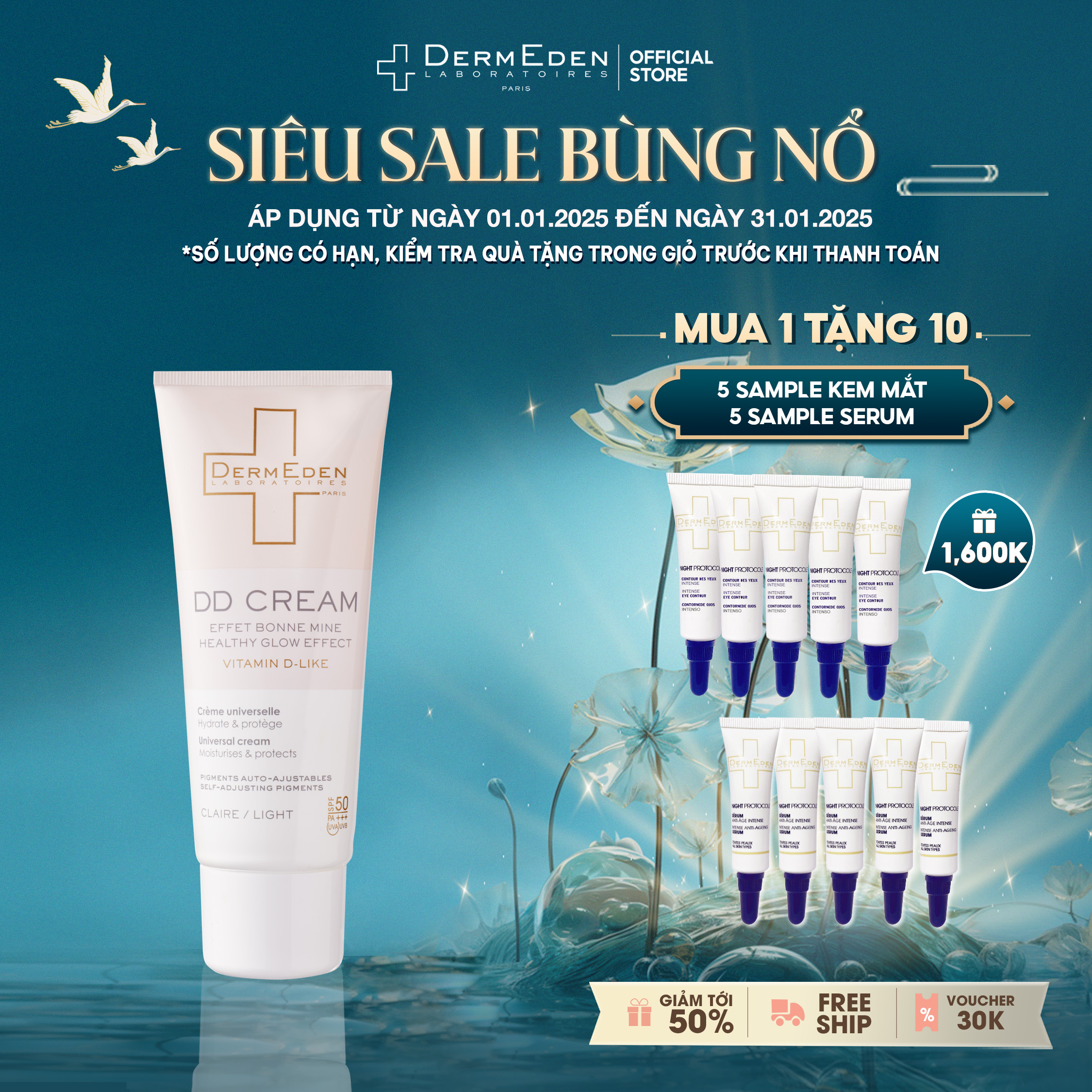 Kem chống nắng SPF50 PA+++ kết hợp trang điểm và dưỡng da, làm đều màu da, chống lão hóa DermEden DD