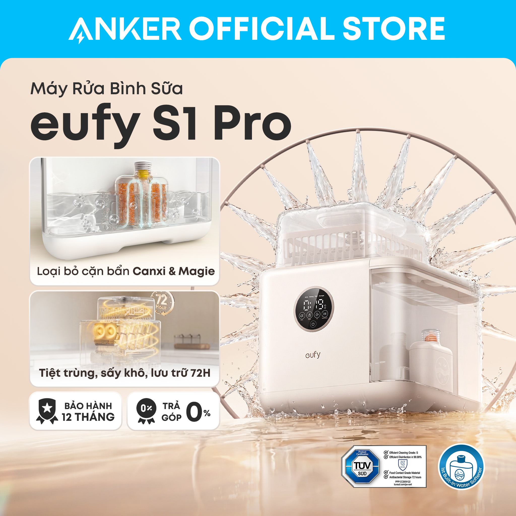 Máy rửa bình sữa Eufy S1 Pro lọc cặn bẩn trong nước tự động rửa tiệt trùng sấy khô BH 12T