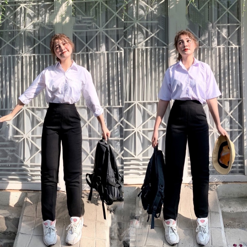Quần Tây Nữ Học Sinh Lưng Chun Khóa Sườn Dáng Dài Màu Đen Kiểu Quần Vải Nữ Đi Học Cạp Thun Cao