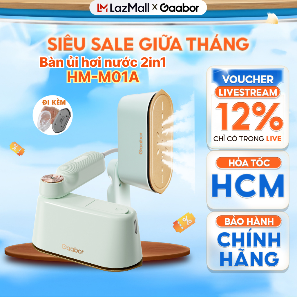 FLASH SALE Bàn ủi hơi nước cầm tay du lịch Gaabor HM-M01A 1200w bàn là làm nóng nhanh 2 chế độ ủi 