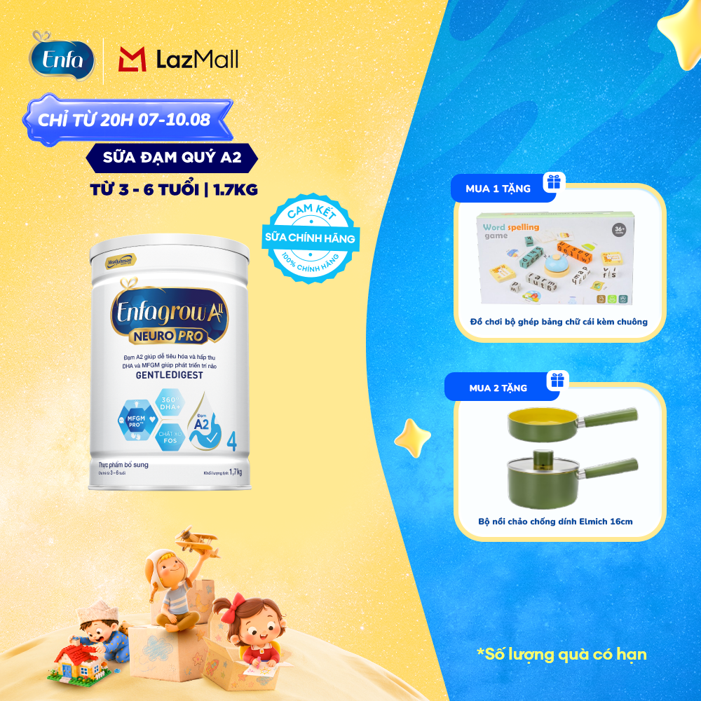 [CHỈ TỪ 20H 07/08-10/08 MUA LÀ CÓ QUÀ] Sữa bột Enfagrow A2 Neuropro 4 1.7kg giúp dễ tiêu hóa hấp thu dành cho trẻ 3-6 tuổi