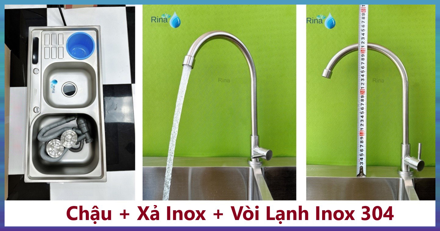 Bồn Chậu Rửa Chén bát Inox 2 Hộc 1 cánh KT 92x45cm có hố rác tiện lợi và dắt dao tặng Bộ Xả inox 304