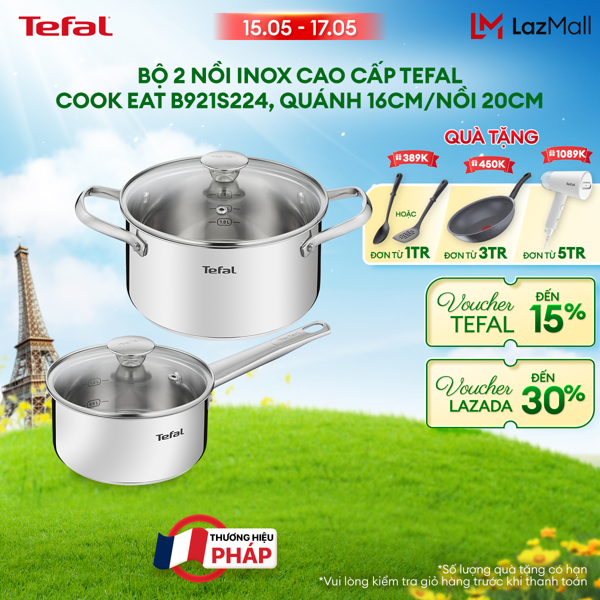 [NHẬP MÃ TEFALOFF20T5 GIẢM 20%] Bộ 2 nồi Inox cao cấp Tefal Cook Eat B921S224 quánh 16cm/nồi 20cm