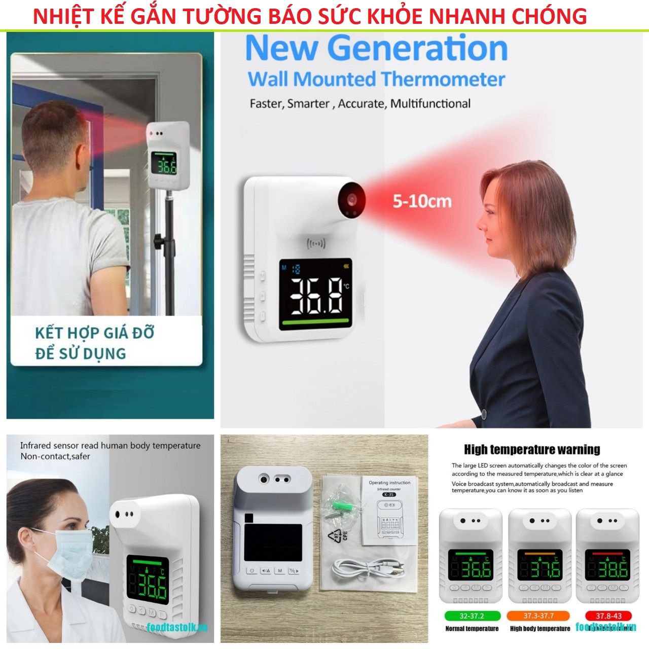 Máy Bắn Nhiệt Độ Hồng Ngoại Gắn Tường Tự Động Phụ Hợp Kiểm Tra Đông Người Có Lưu Trữ Cảnh Báo Nhiệt Kế Đo Trán Hồng Ngoại Không Tiếp Xúc Tự Động