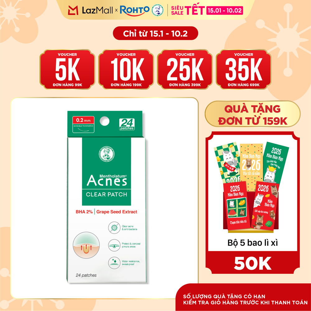 Miếng dán mụn giúp giảm mụn sưng viêm Acnes Clear Patch (24 Miếng)