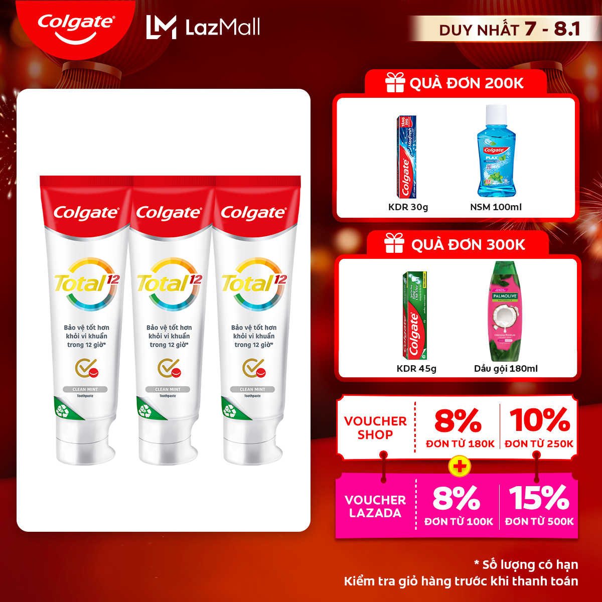 [Chỉ 7-8.1_Áp Voucher giảm thêm đến 23%]Bộ 3 Kem đánh răng Colgate Total bảo vệ toàn diện 12h 170g/t