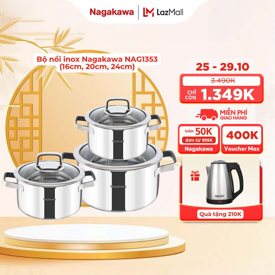 Bộ nồi Nagakawa NAG1353 3 lớp nguyên khối đáy từ 3 kích thước 16cm 20cm 24cm dùng trên mọi loại bếp