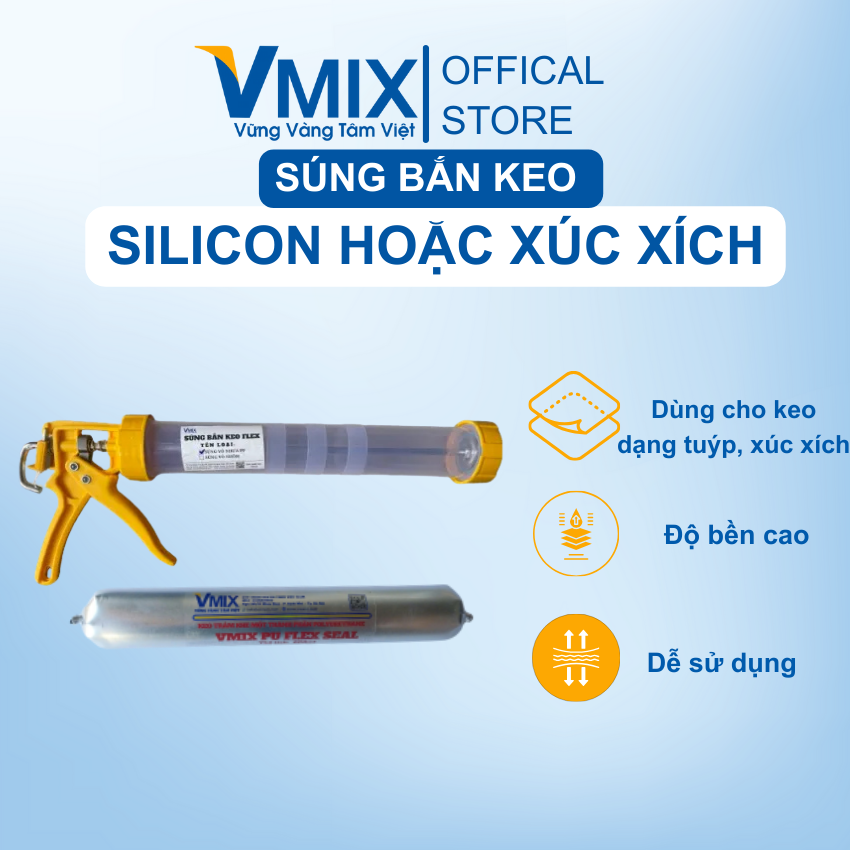 Súng bắn keo silicon hay keo xúc xích dễ thi thi công chỉ cần thảo nắp và bỏ keo vào bóp.Vmixeco