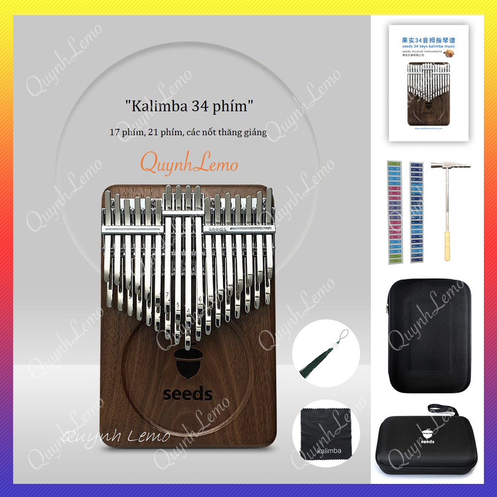 Đàn Kalimba 34 phím QUYNHLEMO SEEDS  gỗ Óc Chó Đen Bắc Mỹ  Piano ngón tay cái  phụ kiện tặng kèm hấp dẫn