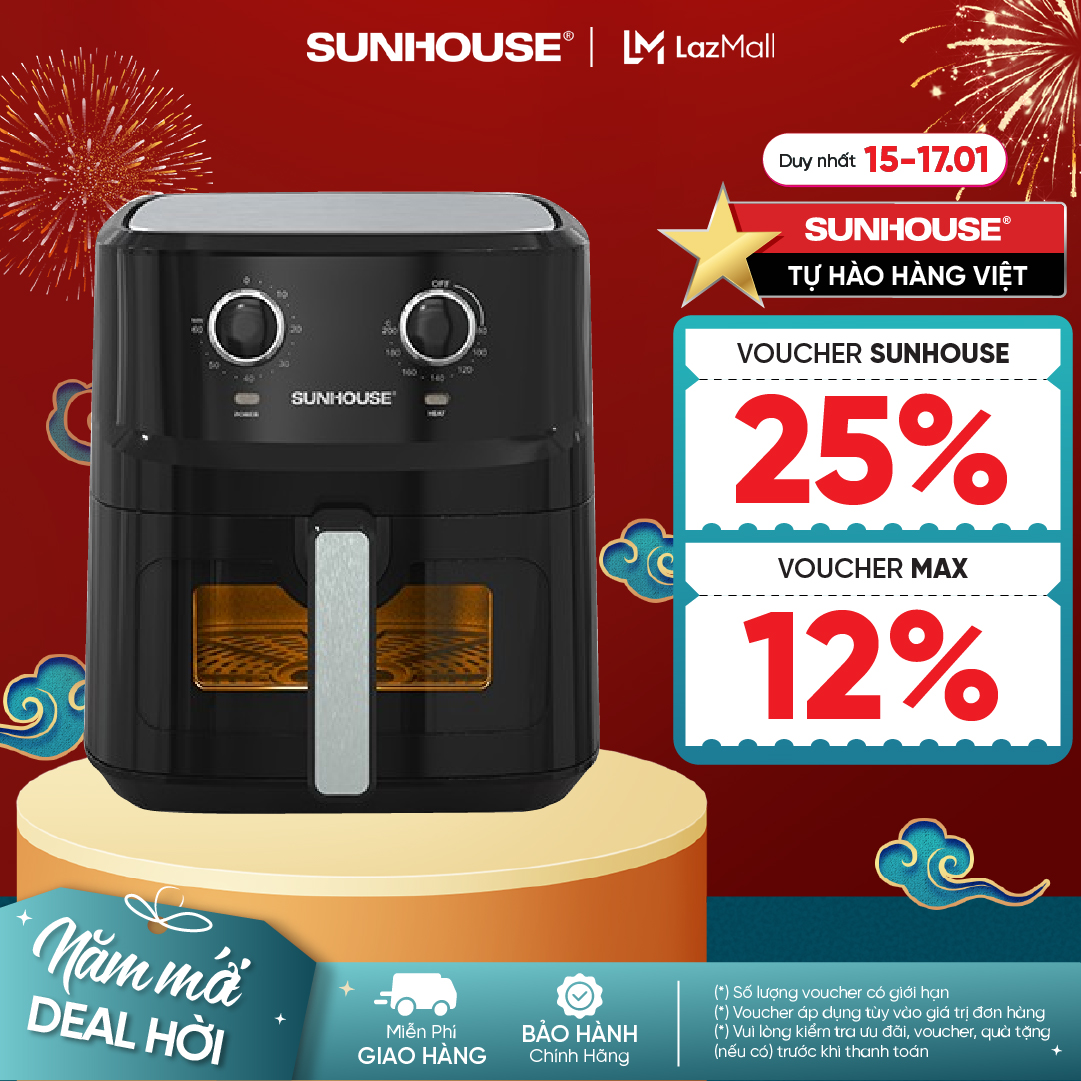 NỒI CHIÊN KHÔNG DẦU 6.5L SUNHOUSE SHD4030 - Công nghệ hiện đại - Tiết kiệm điện - Dung tích lớn - Bả