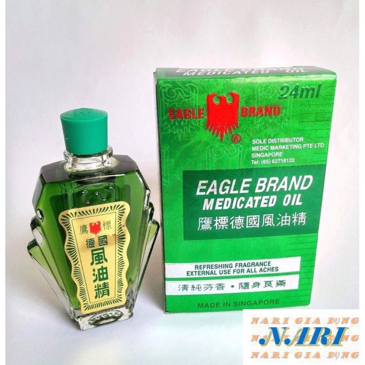 Dầu gió xanh con Ó Singapore 24ml - Dầu Gió Nước Xanh 2 Nắp Singapore Eagle Brand 24ml - gia dụng Na